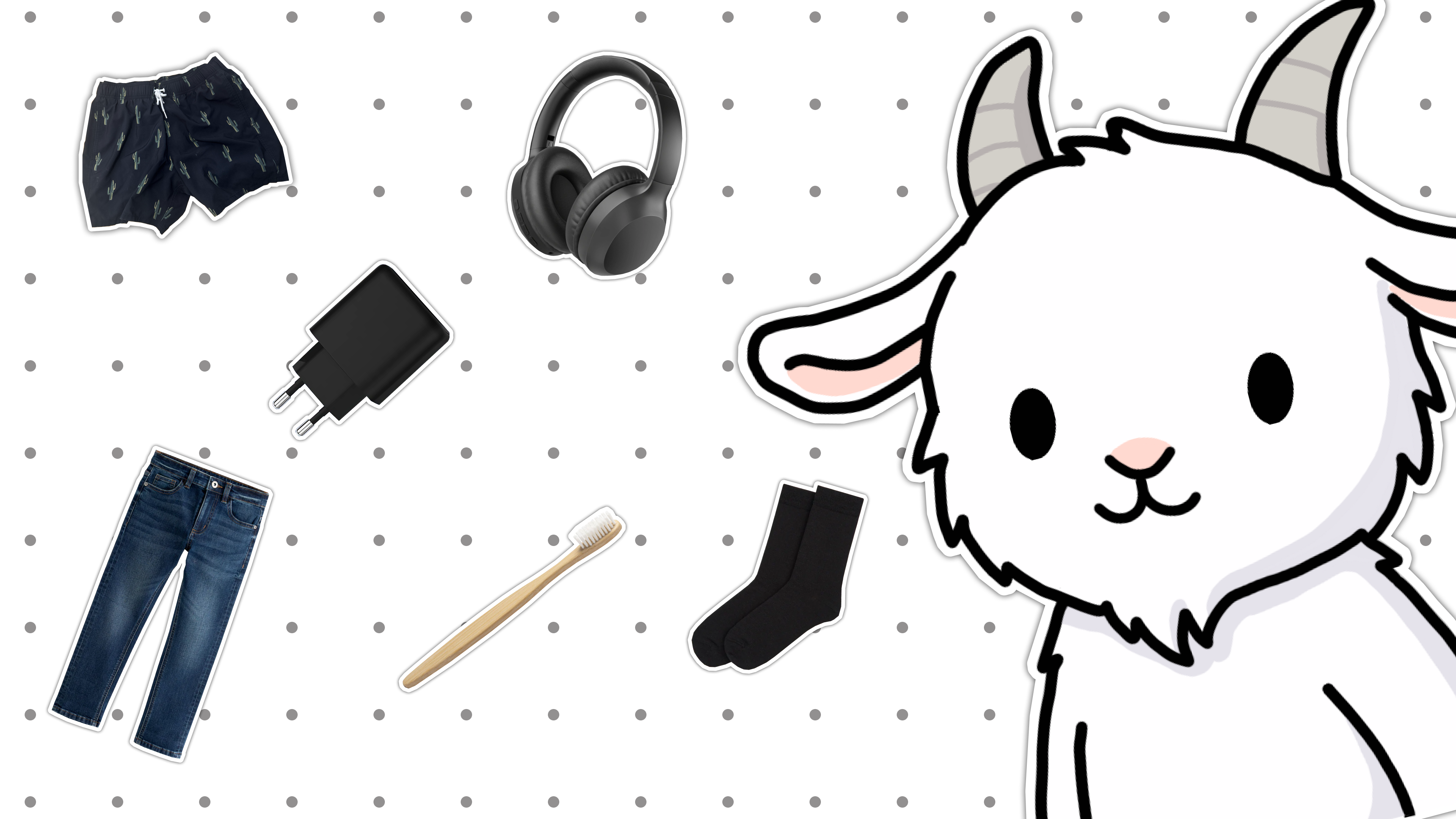 PackGoat 2.0: travel items shown as die-cut stickers alongside the PackGoat goat mascot