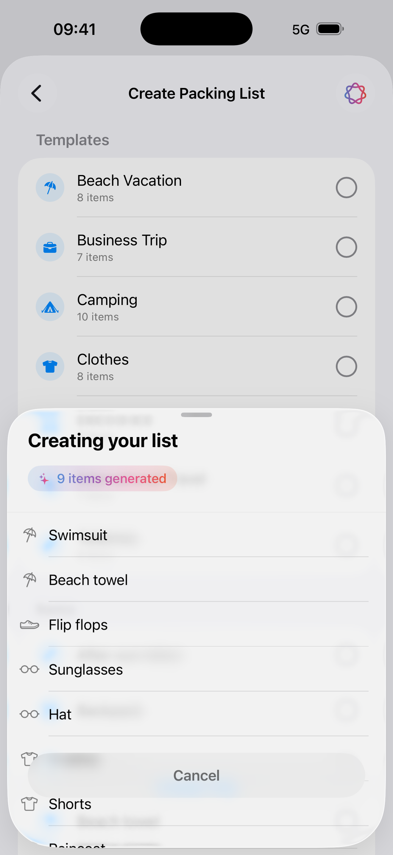 PackGoat AI suggesting trip-specific items based on weather and destination