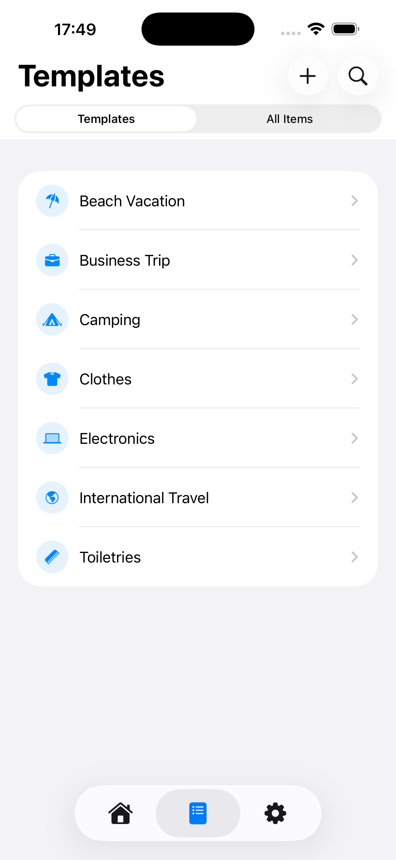 Reusable packing templates in PackGoat for quick trip setup